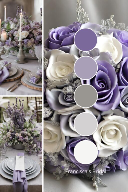 A photo collage with lavender and silver wedding color ideas.