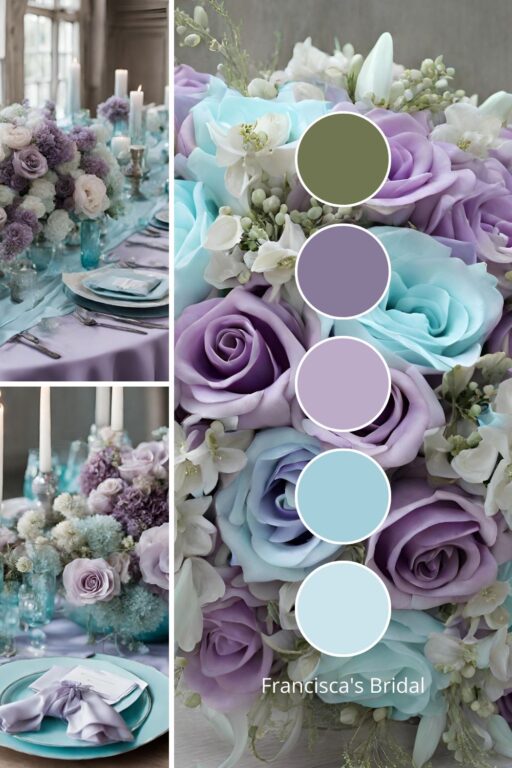 A photo collage with pale purple and pale turquoise blue wedding color ideas.