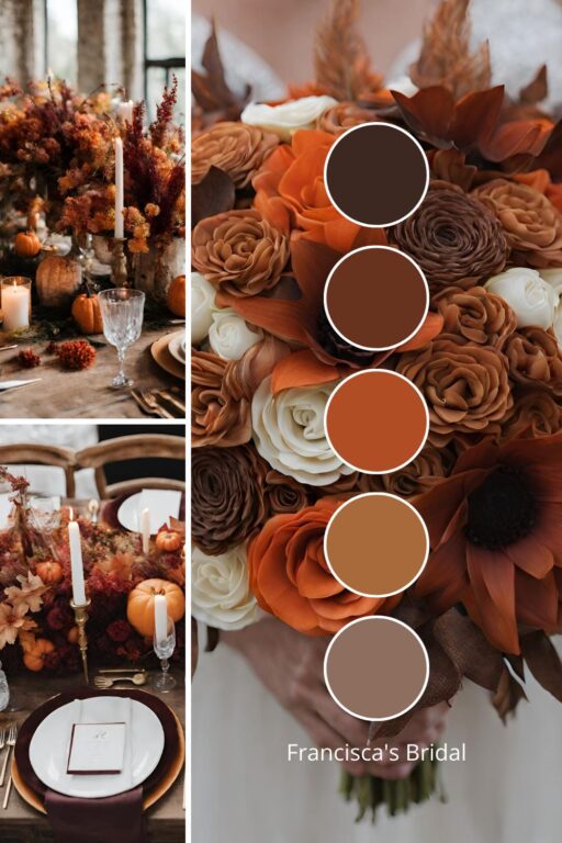 A photo collage with orange and brown wedding color ideas.