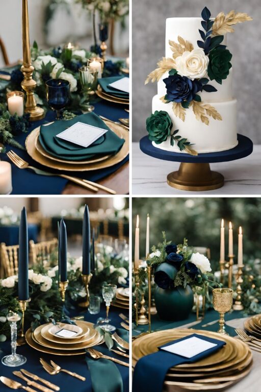 A photo collage of hunter green and navy wedding color ideas.