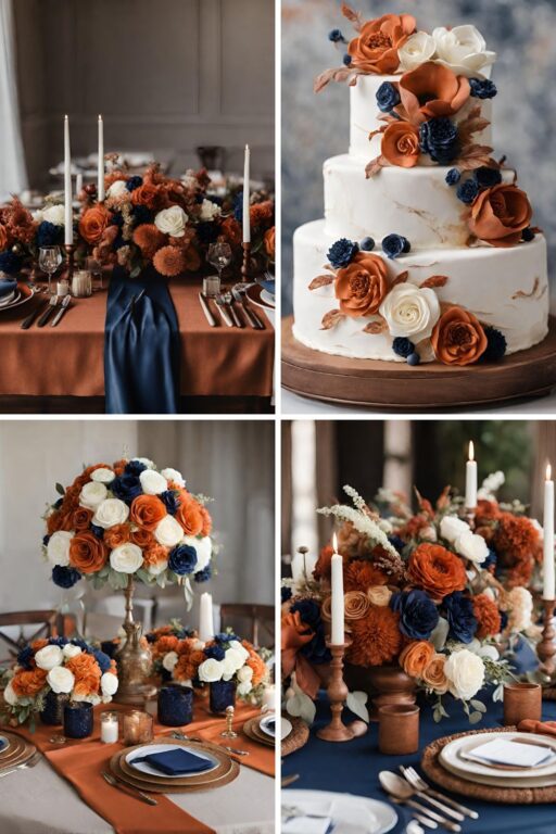 A photo collage with orange and navy wedding color ideas.