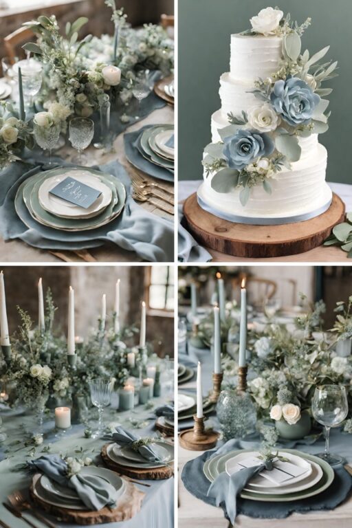 A photo collage of dusty blue and sage green wedding color ideas.