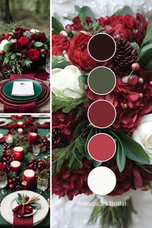 A photo collage with cranberry red and forest green wedding color ideas.