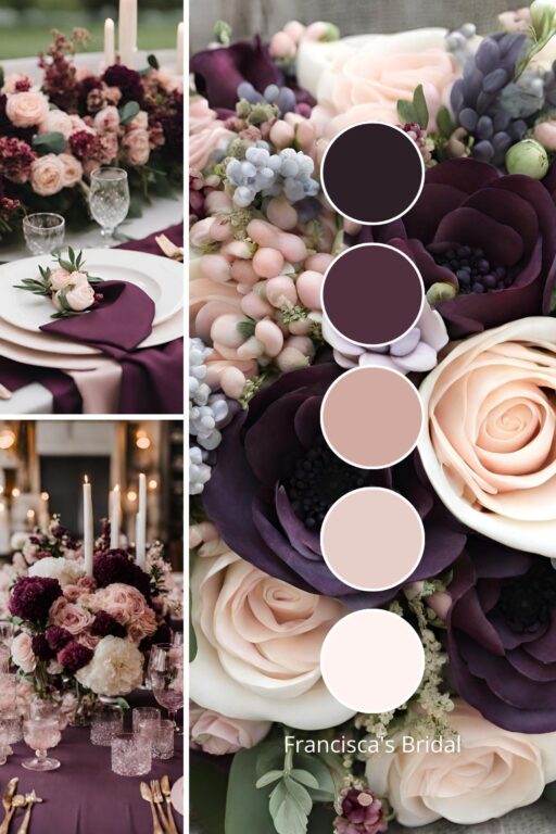 A photo collage with plum and blush pink wedding color ideas.