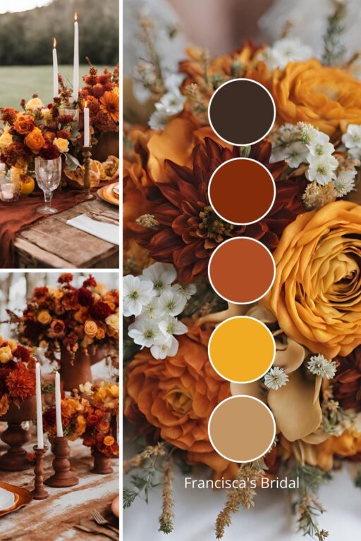A photo collage with red, orange, and yellow wedding color ideas.