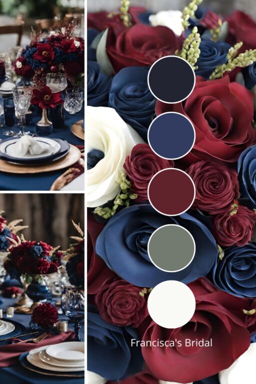 A photo collage with maroon and navy blue wedding color ideas.