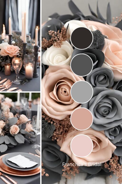 A photo collage with charcoal gray and rose gold wedding color ideas.