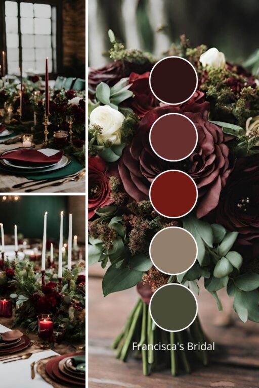 A photo collage with dark red and forest green wedding color ideas.