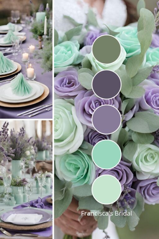 A photo collage with lavender and mint wedding color ideas.