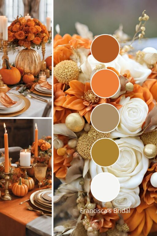 A photo collage with pumpkin orange and gold wedding color ideas.