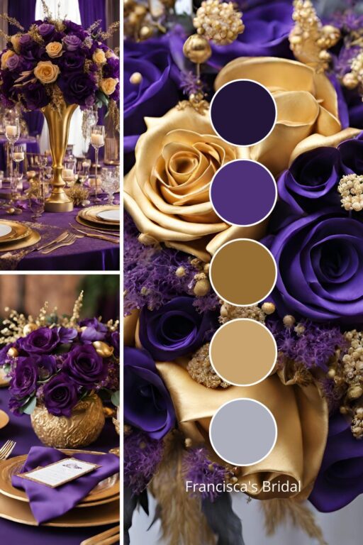 A photo collage with royal purple and gold wedding color ideas.
