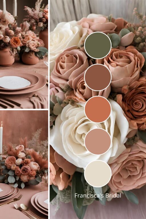 A photo collage with terracotta and rust wedding color ideas.