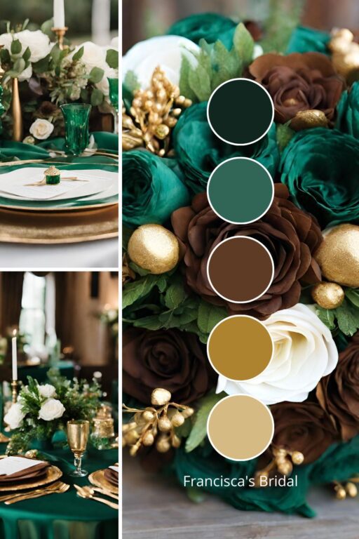 A photo collage with emerald green, brown, and gold wedding color ideas.