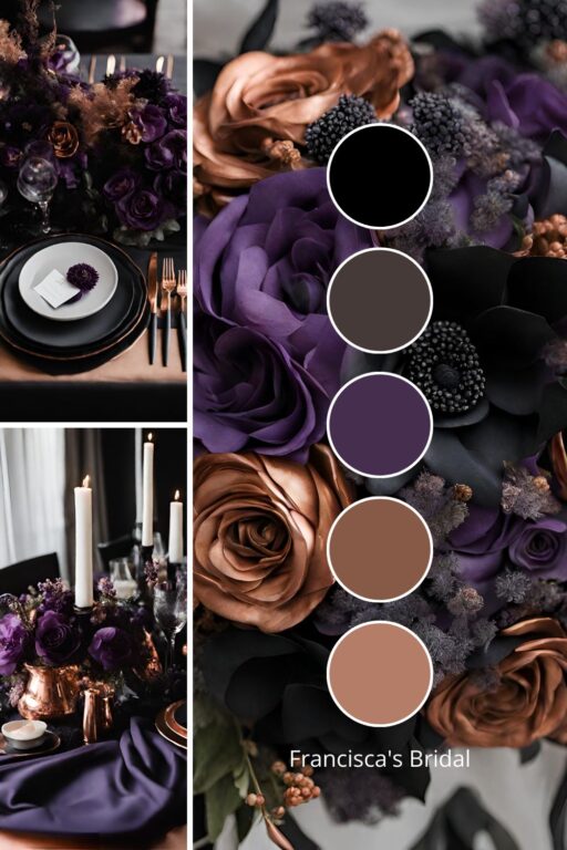 A photo collage with black, purple and copper wedding color ideas.
