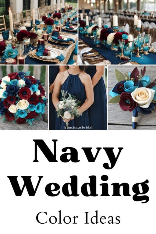 A photo collage with navy and burgundy wedding color ideas.