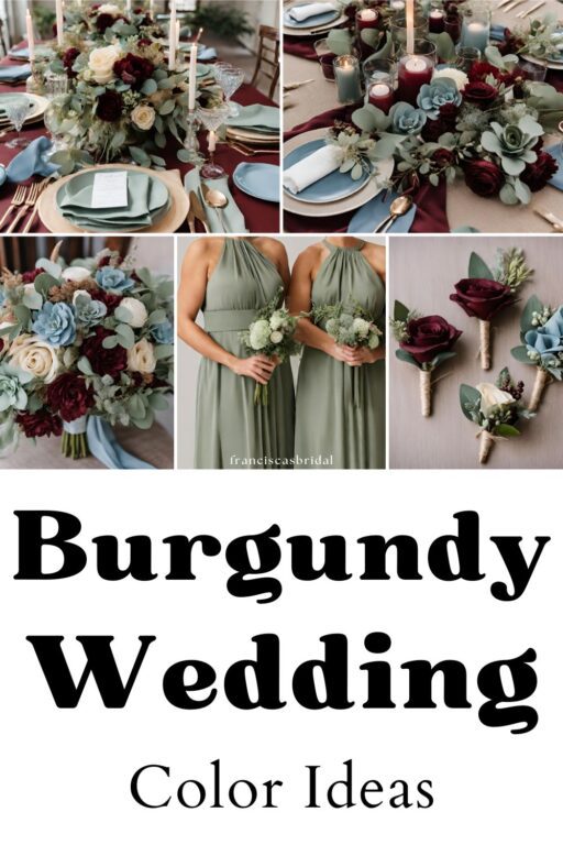 A photo collage with burgundy wedding color ideas.