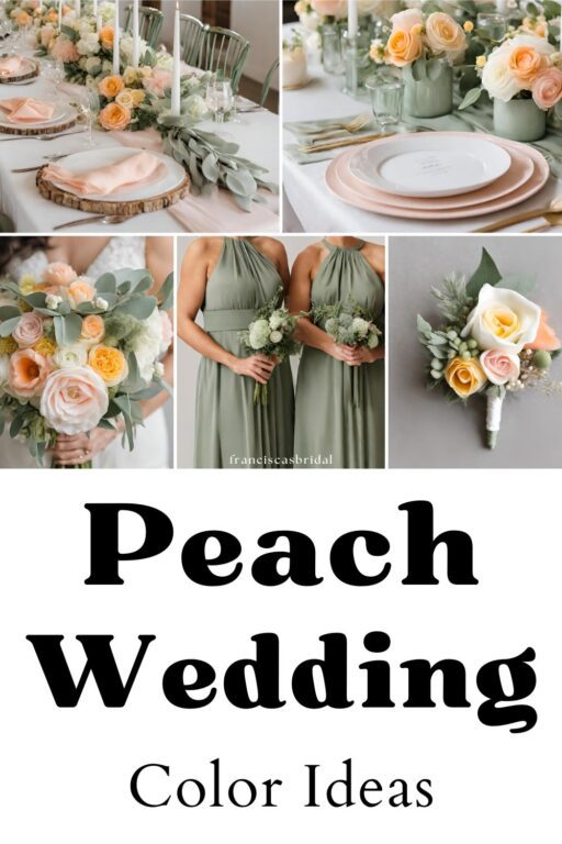 A photo collage with peach and sage green wedding color ideas.