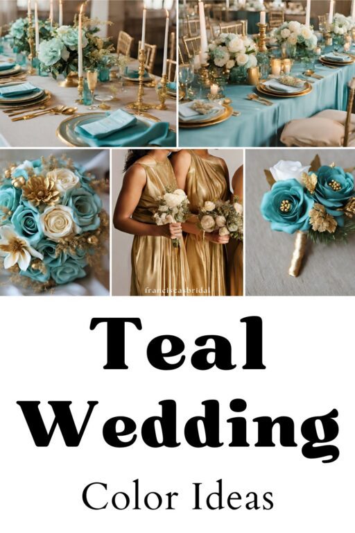 A photo collage with light teal and gold wedding colors.