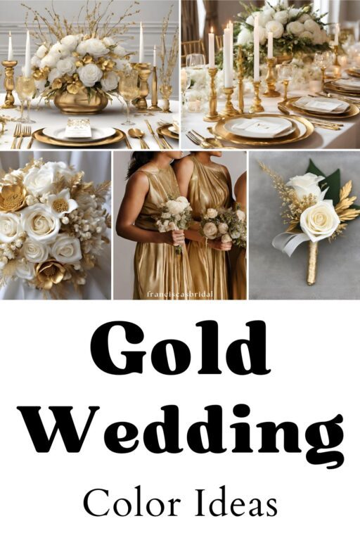 A photo collage with gold and white wedding color ideas.