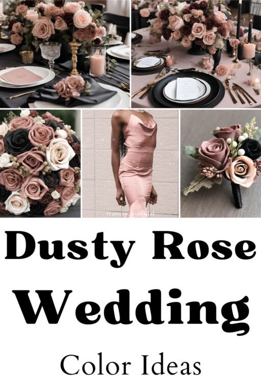 A photo collage of dusty rose wedding color ideas.