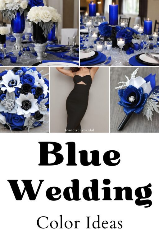 A photo collage with cobalt blue and black wedding color ideas.