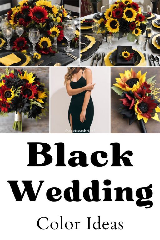 A photo collage with black and red wedding colors.