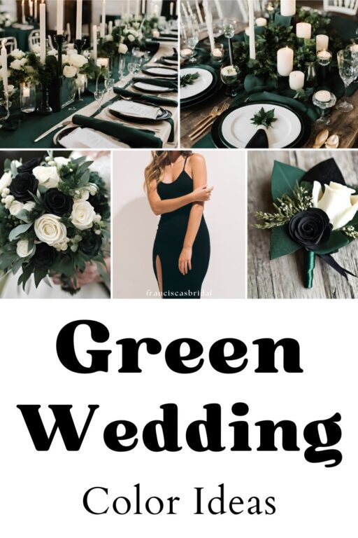 A photo collage with hunter green and black wedding color ideas.