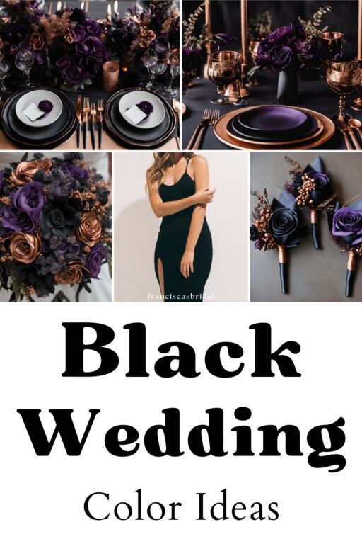 A photo collage with black and purple wedding color ideas.