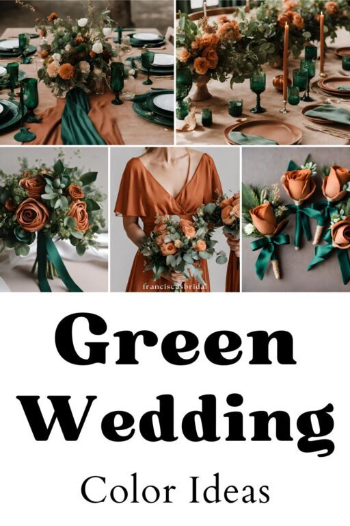 A photo collage with emerald green and terracotta wedding colors.