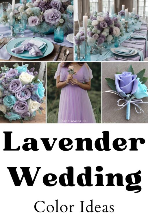 A photo collage with lavender and turquoise wedding color ideas.