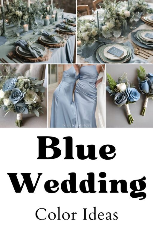 A photo collage of dusty blue and sage green wedding color ideas.