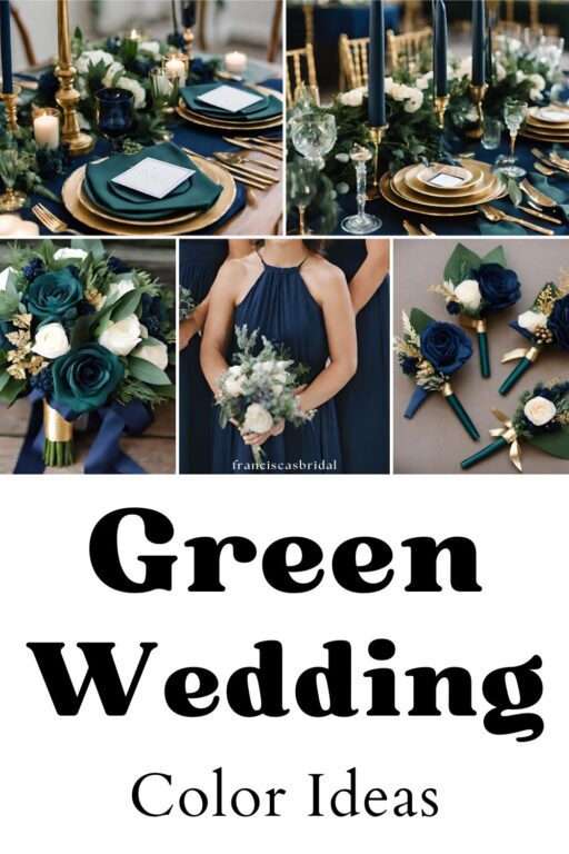 A photo collage with hunter green and navy blue wedding color ideas.