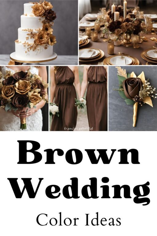 A photo collage with brown and gold wedding color ideas.