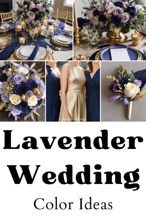 A photo collage with lavender wedding color ideas.