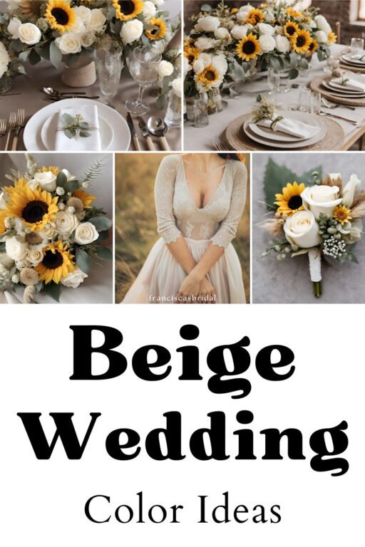 A photo collage with white and beige wedding color ideas.