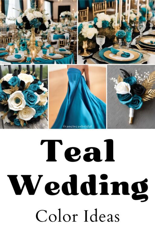 A photo collage with teal blue wedding color ideas.