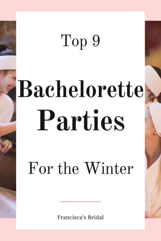 Girls having a bachelorette spa day with text bachelorette party ideas for the winter.