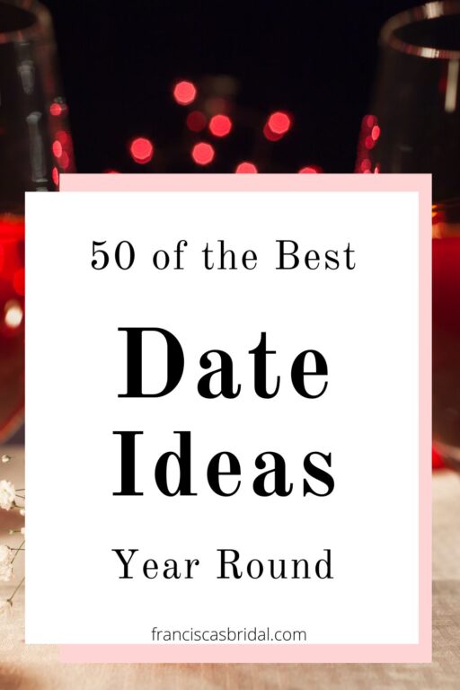 A table with red wine and text fun date ideas for year round.