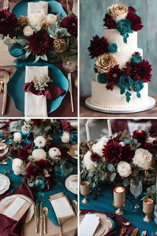 A photo collage of burgundy, dark teal, and tan wedding color ideas.