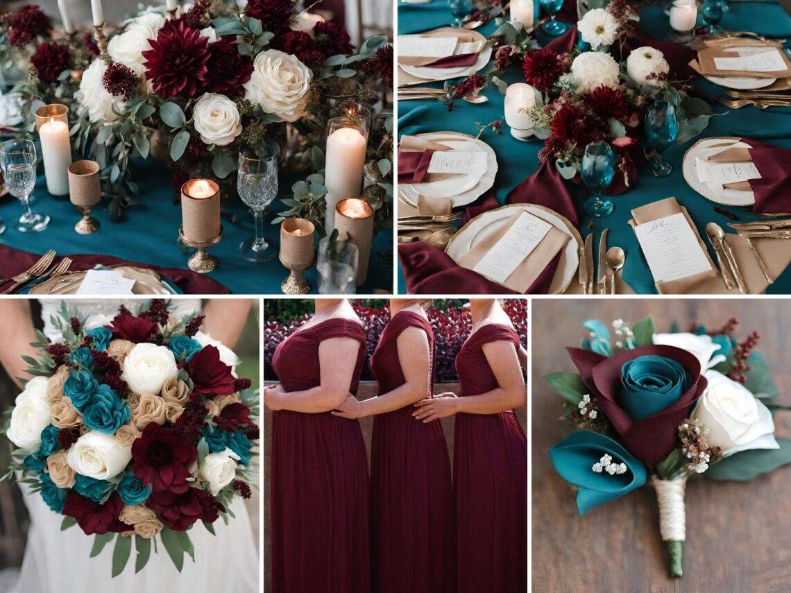 A photo collage of burgundy, dark teal, and tan wedding color ideas.