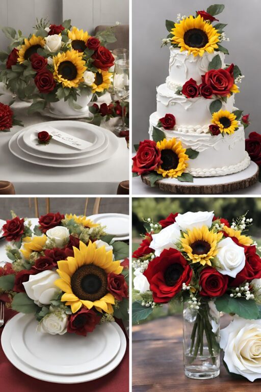 A photo collage of sunflowers, white roses, and red roses wedding color ideas.