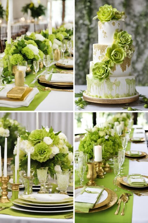 A photo collage with lime green, gold, and white wedding color ideas.