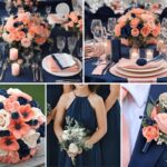 A photo collage of salmon pink and navy blue wedding color ideas.