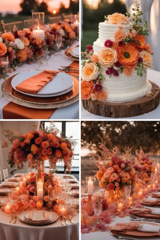 A photo collage of sunset themed wedding color ideas.