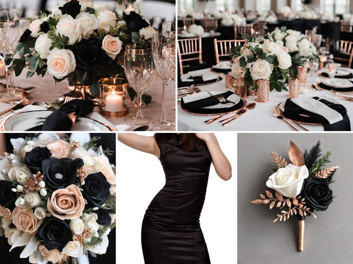 A photo collage of black, rose gold, and white wedding color ideas.