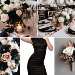 A photo collage of black, rose gold, and white wedding color ideas.