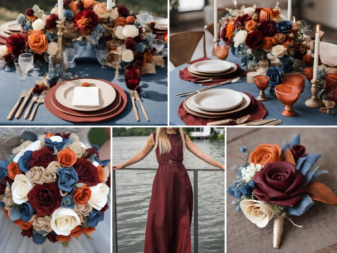 A photo collage with wine red, burnt orange, and denim blue wedding color ideas.