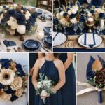 A photo collage of navy blue, brown, and gold wedding color ideas.