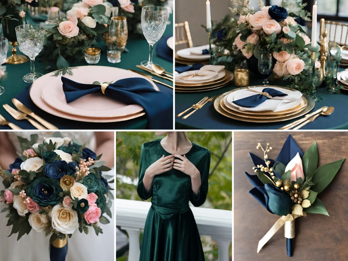 A photo collage with hunter green, navy, pink, and gold wedding color ideas.