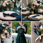 A photo collage with hunter green, navy, pink, and gold wedding color ideas.